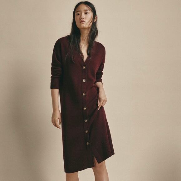 Massimo Dutti Wool Blend V- Neck Button Down Sweater Dress Wine Burgundy Sz S - Picture 1 of 9